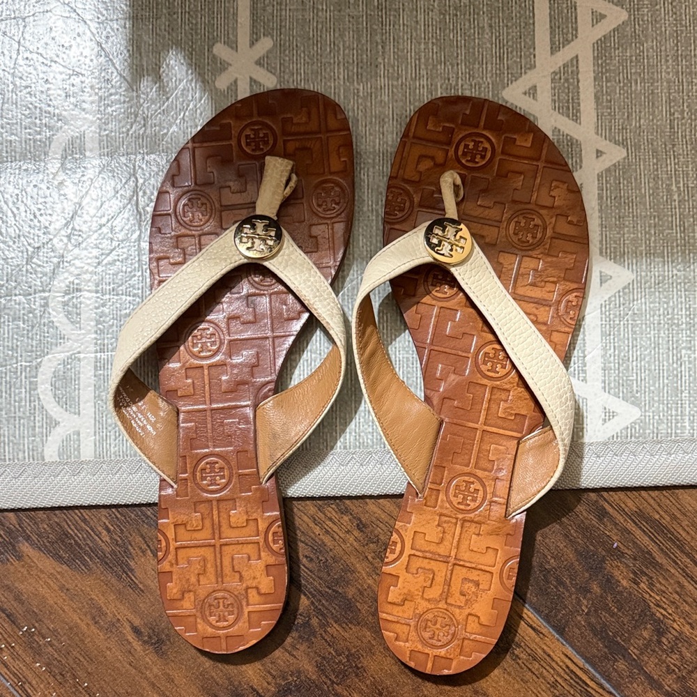 Tory Burch Cream and Brown Sandals